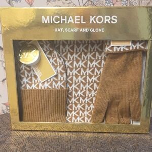 Michael Kors Tan MK Logo Hat, Scarf, and Glove Set